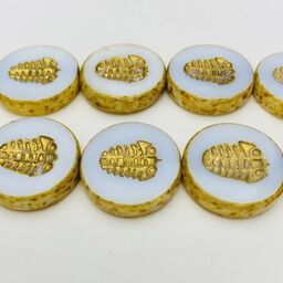 Pinecone Coin Table Cut Czech Beads, 15mm, White w/ Gold Wash