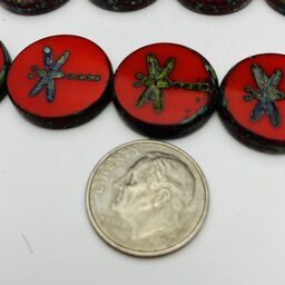 Dragonfly Coin Table Cut Beads, 17mm, Red