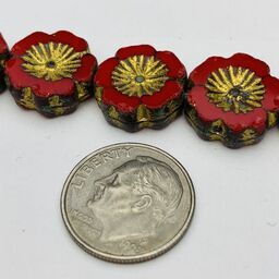 Hibiscus Flower Table Cut Czech Beads, 12mm, Red