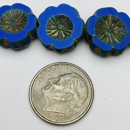 Hibiscus Flower Table Cut Czech Beads, 12mm, Dark Blue