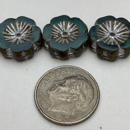 Hibiscus Flower Table Cut Czech Beads, 12mm, Aqua Opaline