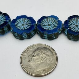 Hibiscus Flower Table Cut Czech Beads, 12mm, Royal Blue