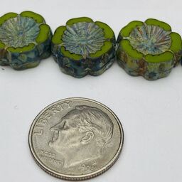 Hibiscus Flower Table Cut Czech Beads, 12mm, Green
