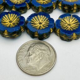 Hibiscus Flower Table Cut Czech Beads, 12mm, Royal Blue
