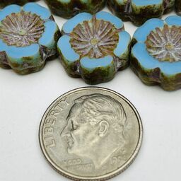 Hibiscus Flower Table Cut Czech Beads, 12mm, Aqua Blue Opaline