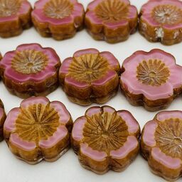 Hibiscus Flower Table Cut Czech Beads, 12mm, Pink Opaline
