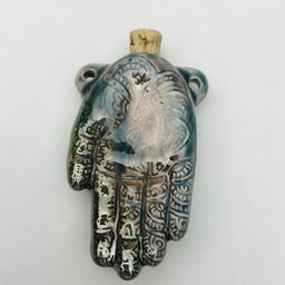 Hamsa Hand Ceramic Vessel, Blue Raku