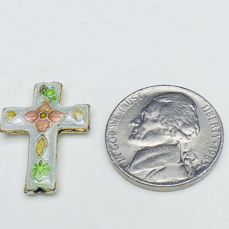 Cloisonne Cross Bead, Gray and Pink 23mm