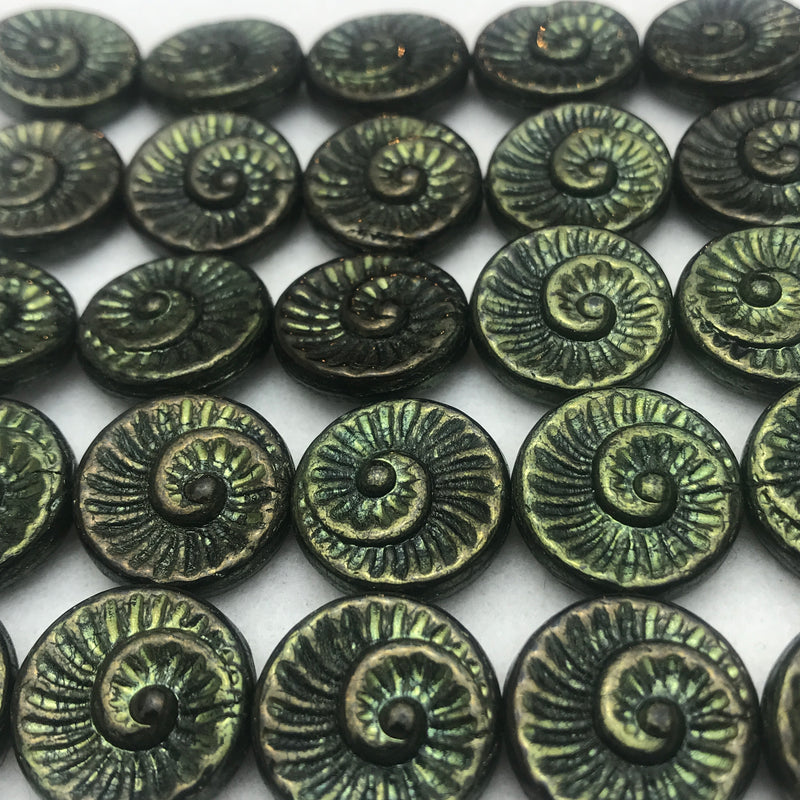 Nautilus Coin Czech Beads, 18mm, Burnt Evergreen
