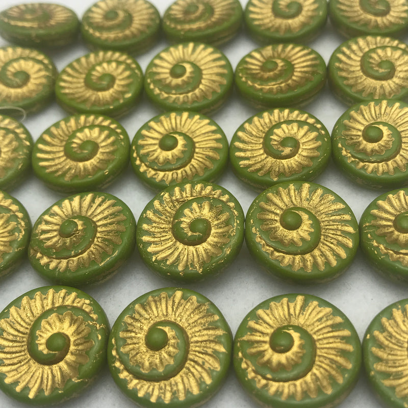 Nautilus Coin Czech Beads, 18mm, Olive Gold