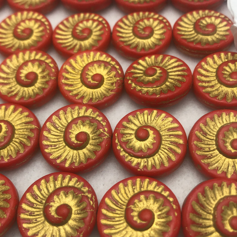 Nautilus Coin Czech Beads, 18mm, Red Gold