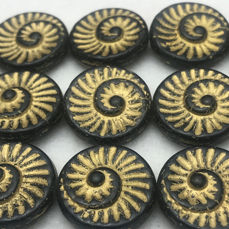 Nautilus Coin Czech Beads, 18mm, Black Gold