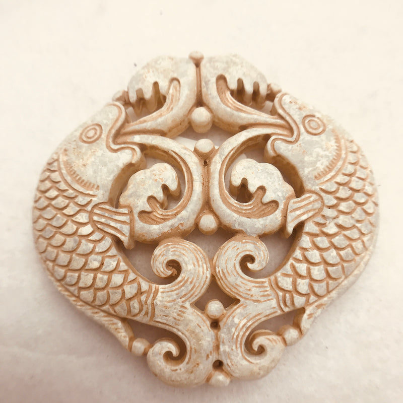 Carved Stone Pendant, Brown/Beige 66x66mm, Diving Fish Motif.