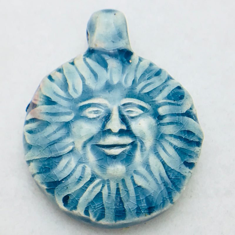 Sun Face Peruvian Ceramic Pendant, 32mm, Blue