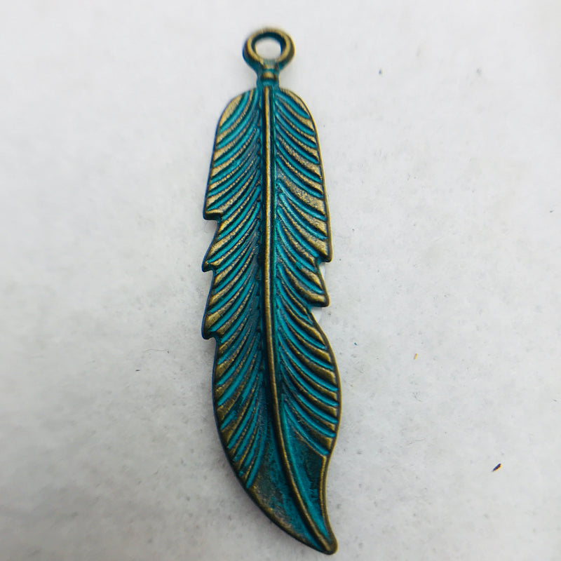 Patina Feather Charm, Silver, 38x10mm