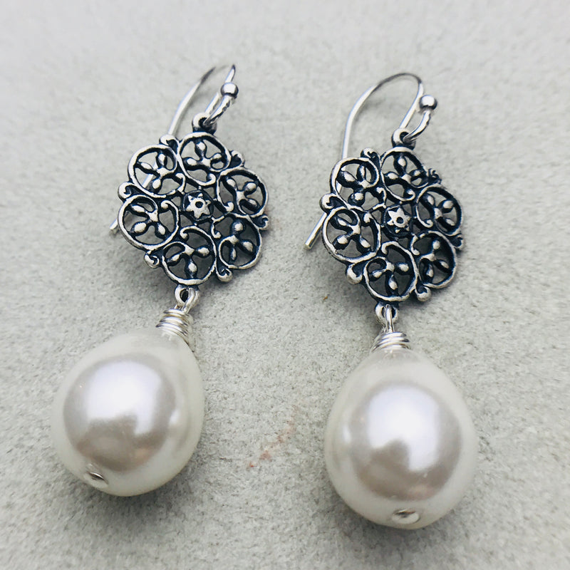 Vintage silver and mother of pearl drop earrings