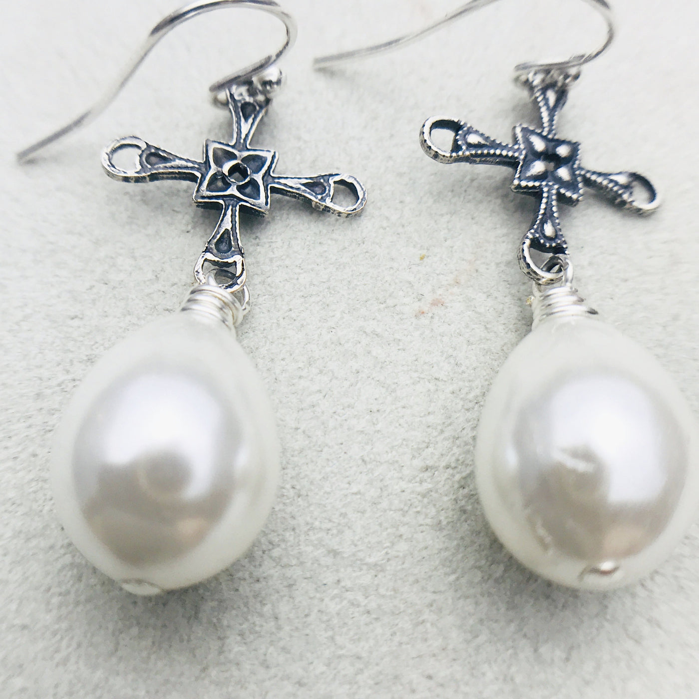 Christina Vintage Silver Cross and White Mother of Pearl Drop