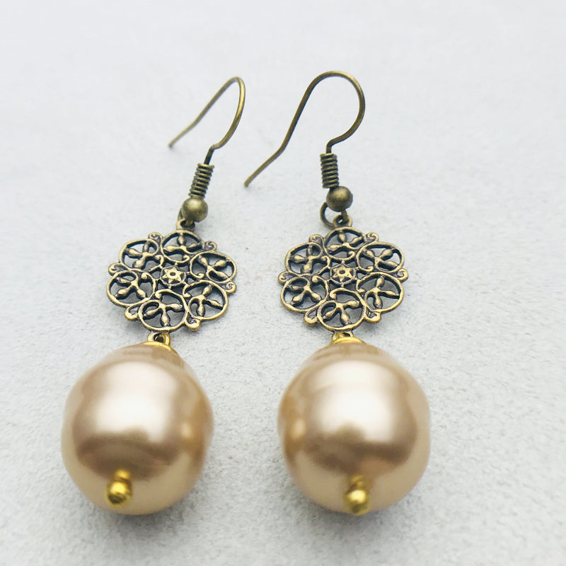 Alexa Antiqued Brass and Gold Mother of Pearl Drop Earrings