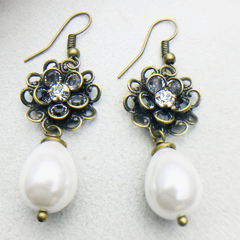 Flora Antiqued Brass and White Mother of Pearl Drop Earrings