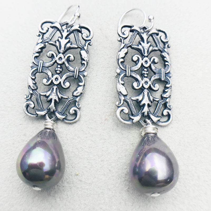 Penelope Vintage Grey Mother of Pearl Drop Earrings