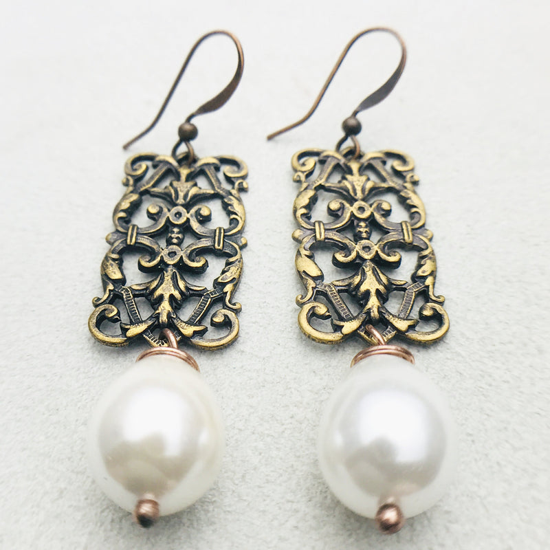 Penelope Vintage Brass and White Mother of Pearl Drop Earrings