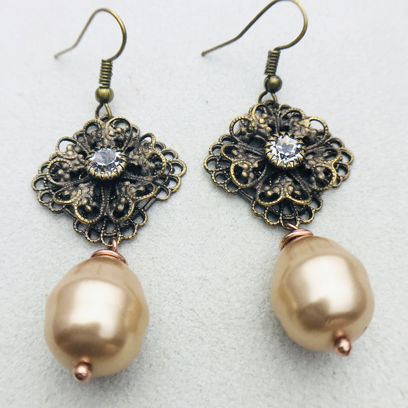 Simone Earring in Antiqued Brass and Gold Mother of Pearl