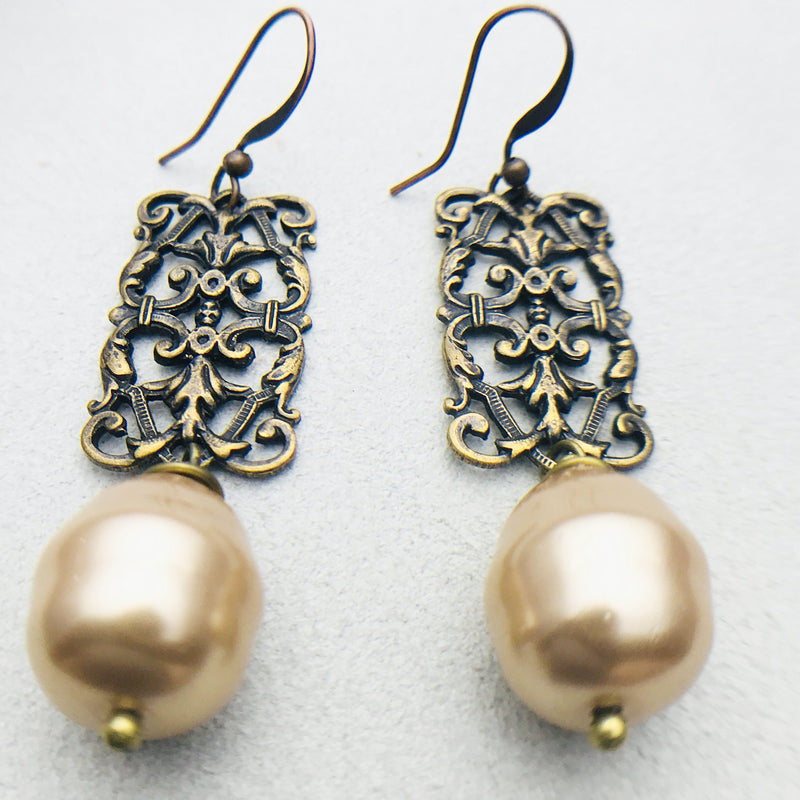 Penelope Vintage Brass and Gold Mother of Pearl Drop Earrings