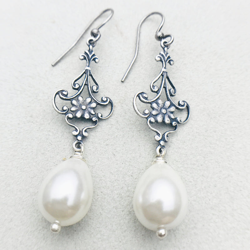 Gabriela Vintage Silver and White Mother of Pearl Drop Earrings