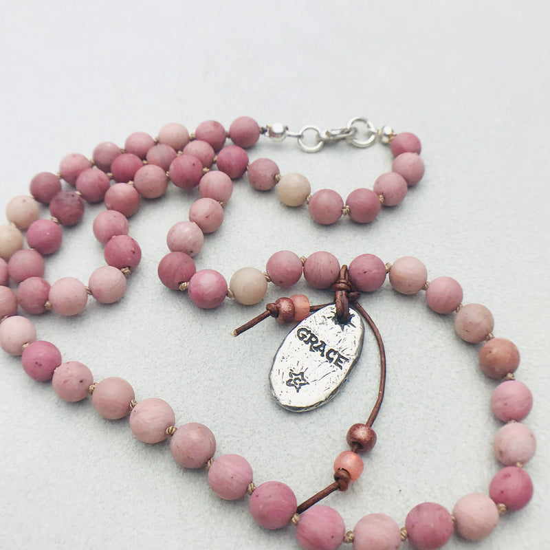 Pink Rhododchrosite Seahorse charm necklace