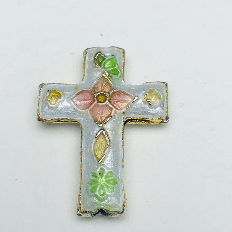 Cloisonne Cross Bead, Gray and Pink 23mm