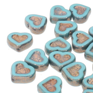 Czech Glass Beads Table Cut Heart Turquoise Bronze