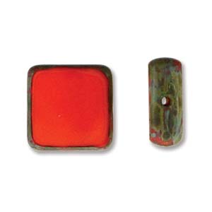 Czech Glass Beads Table Cut Square Lt. Red Picasso