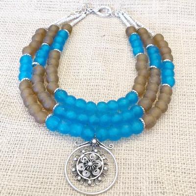 Triple Strand Tribal Style Bottle Glass Necklace