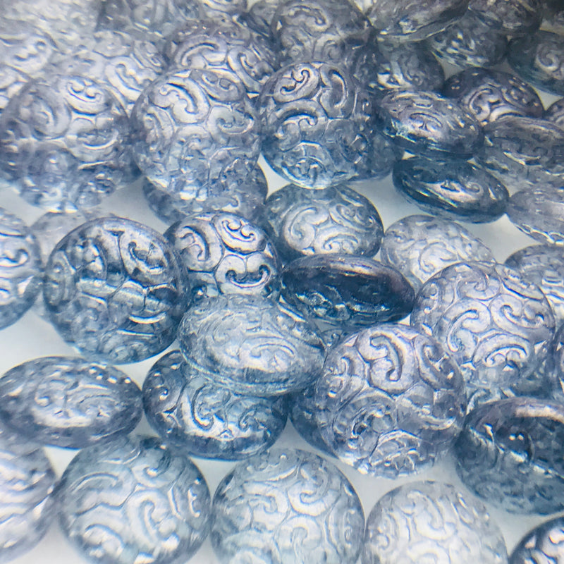 Coin Czech Beads, White Blue Luster Ornamental 13mm