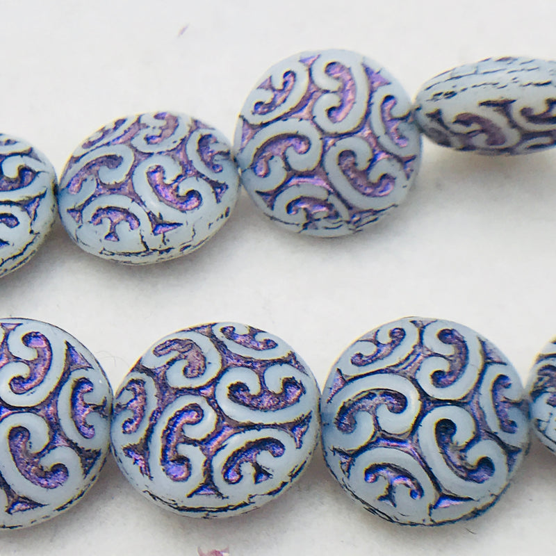 Button Coin Czech Beads,White Opal Purple 13mm