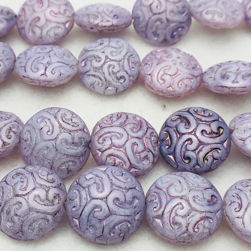 Button Coin Czech Beads, White Opal Purple 13mm