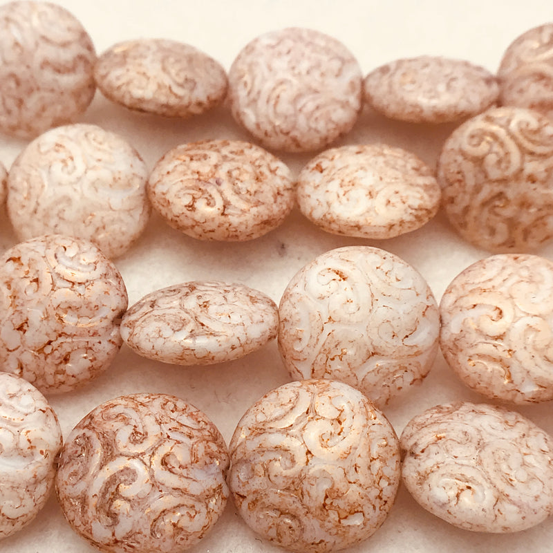 Button Coin Czech Beads, White Rose Luster 13mm