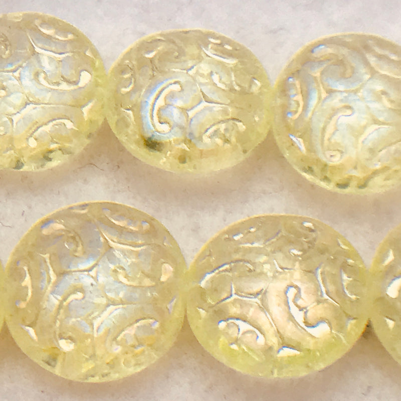 Button Coin Czech Beads, Yellow AB 13mm