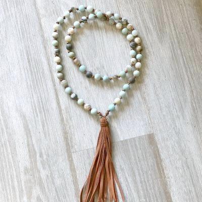 Long Amazonite and Leather Knotted Tassel Necklace