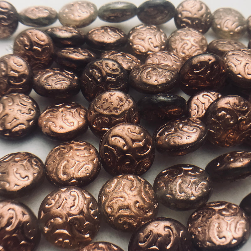 Button Coin Czech Beads, Chocolate Pearl Ornamental 13mm