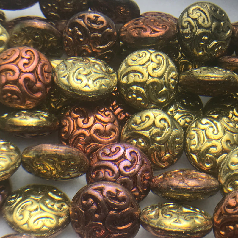 Button Coin Czech Beads, Gold Copper 13mm