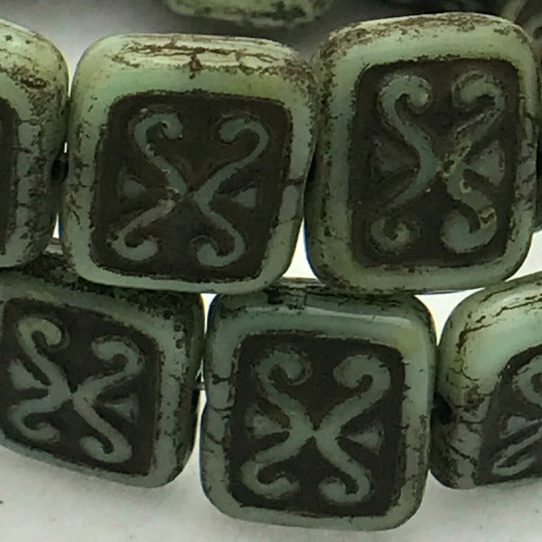 Ornamental Rectangle Czech Glass Bead 12x11 Green with Brown