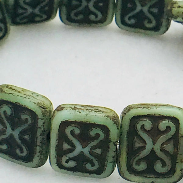 Ornamental Rectangle Czech Glass Beads 12x11mm Green with Brown
