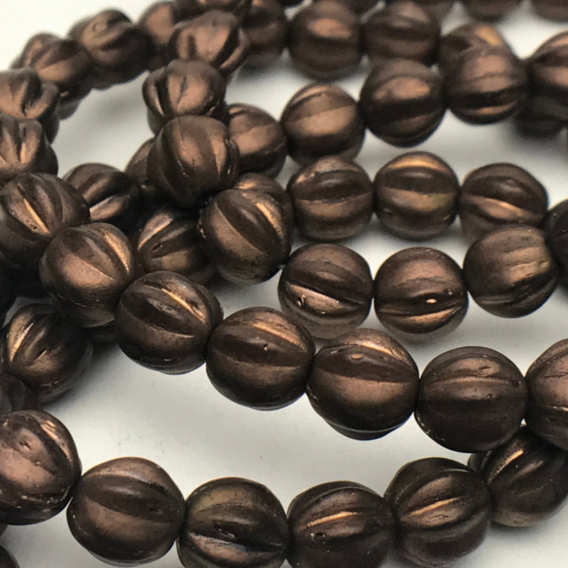 Melon Czech Glass Beads Matte Brown with Copper Wash 6mm