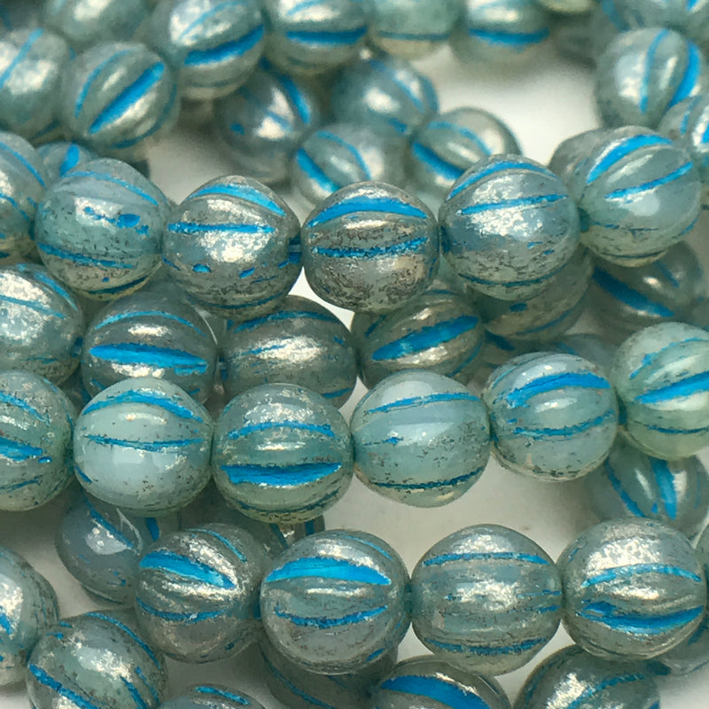 Melon Czech Glass Beads Turquoise with Mercury Finish 6mm