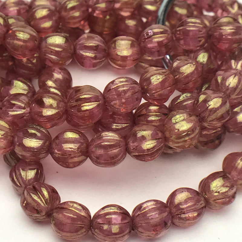 Melon Czech Glass Beads Pink with Golden Luster 6mm