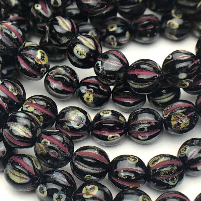 Melon Czech Glass Beads Black with Picasso and Red Wash 6mm