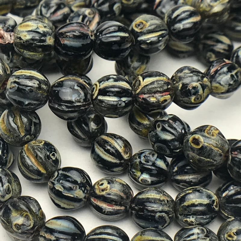 Melon Czech Glass Beads Black with Picasso 6mm