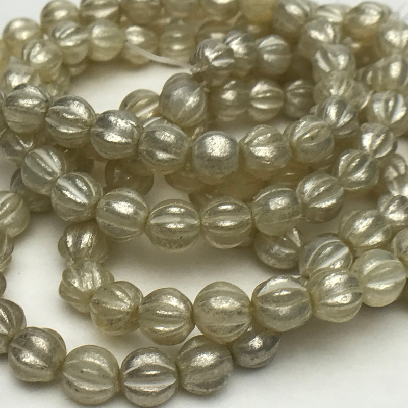 Melon Czech Glass Beads Opal Ivory with Mercury 6mm